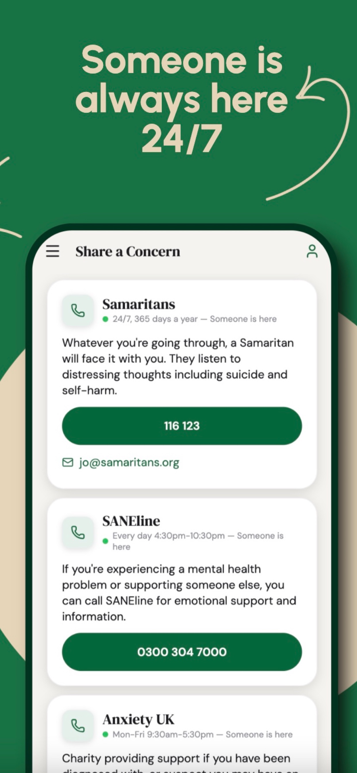 Keep Safe app — 24/7 helplines